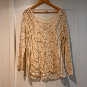 Embroidered Lace Scoop-Neck Blouse in Cream